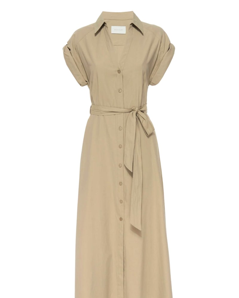 Front of a model wearing a size L Women's Fia Belted Midi Dress In Sahara in Sahara by Brochu Walker. | dia_product_style_image_id:369253